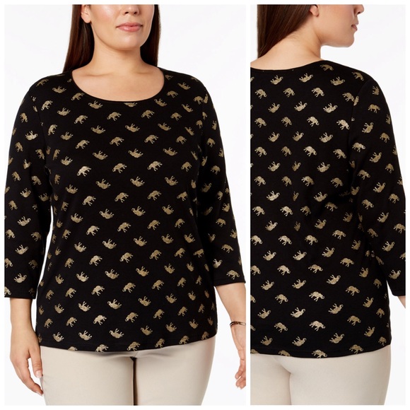 Karen Scott Tops - Black & Gold Metallic Elephant Top Plus Size 0X